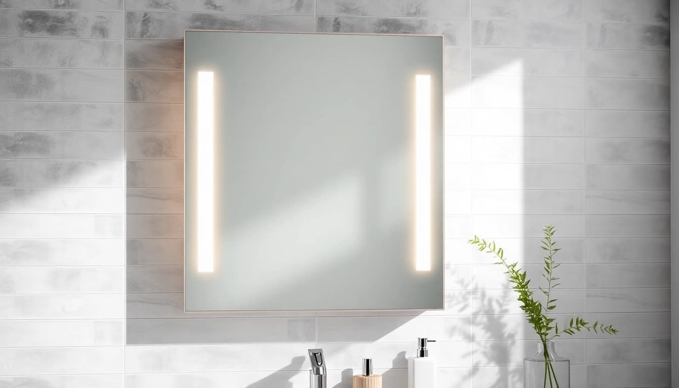 Elegante spiegelschrank bad mit Beleuchtung in modernem Badezimmer, mit warmem Licht.