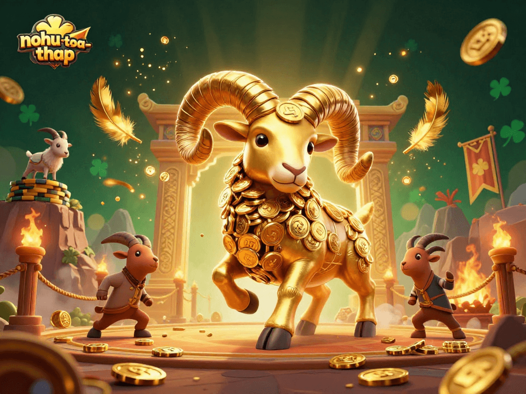 Nohut-toa-thap game featuring a golden ram charging towards a jackpot at a vibrant online casino arena.