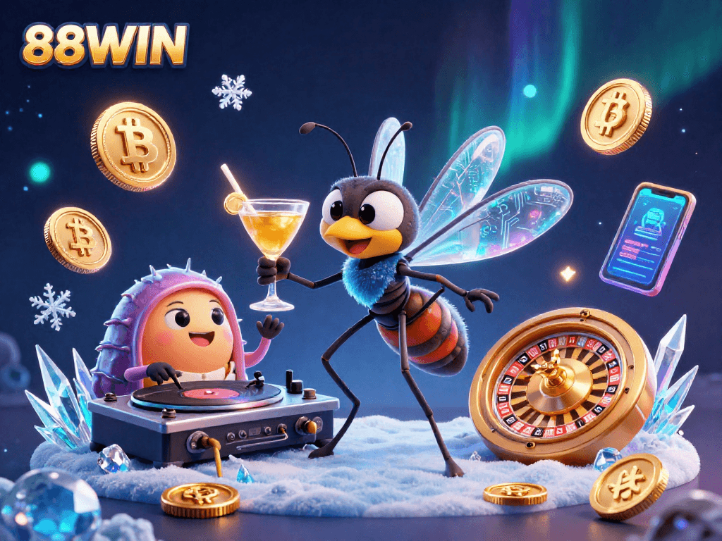 Engage with 88WIN in a vibrant casino-themed scene filled with dynamic gaming elements.