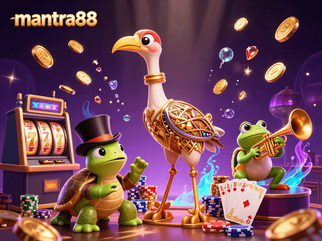 Spin the reels at mantra88, featuring a lively 3D casino scene with golden coins, poker chips, and fun characters.