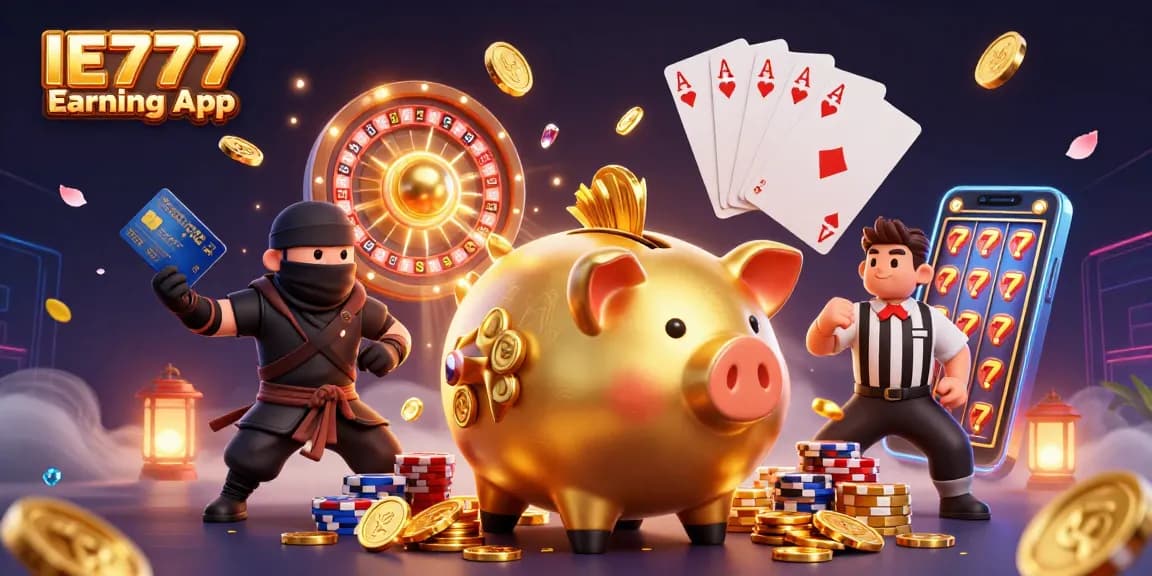 Experience the excitement of the IE777 Earning App with a golden piggy sumo wrestling coins in a vibrant casino scene.