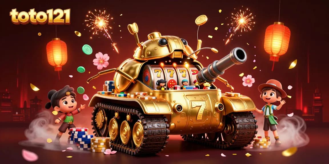 Play at toto121, featuring a golden beetle tank casino illustration with dynamic slot game elements.