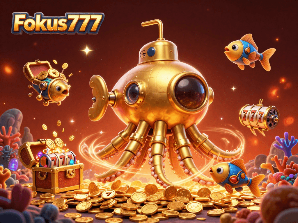 Experience thrilling wins at Fokus777, where a golden kraken submarine rises above a sea of jackpot riches.