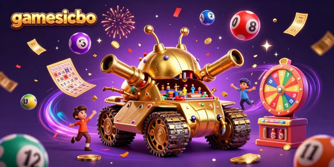 Experience the thrilling gamesicbo action with a vibrant 3D casino scene featuring cascading lottery balls and a festive atmosphere.