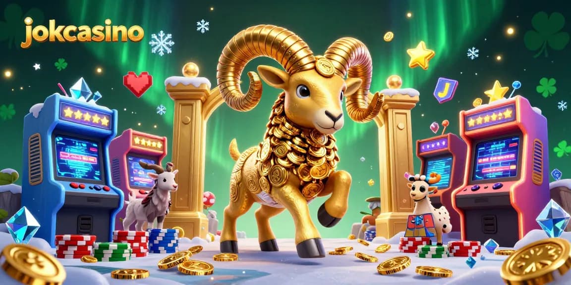 Experience the excitement of jokacasino with vibrant 3D cartoon illustrations featuring a golden ram in a casino setting.