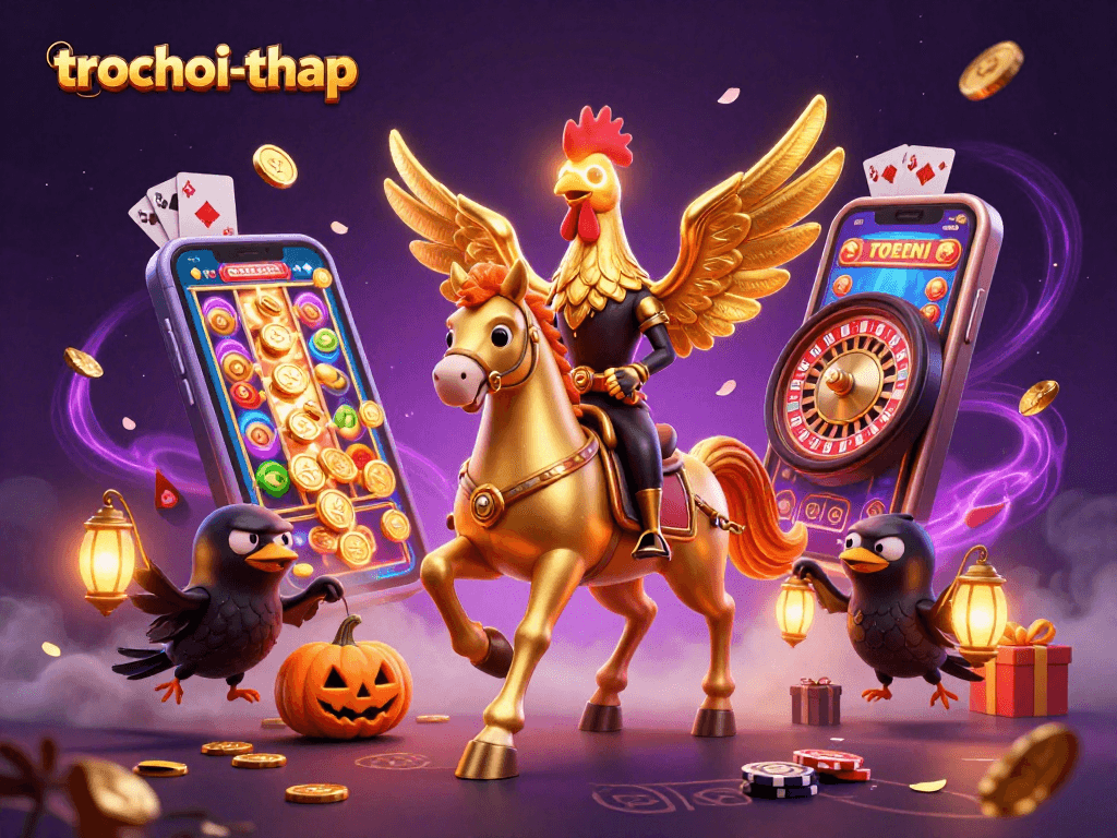 Experience thrilling gameplay in trochoi-thap as a golden rooster conquers challenges in a vibrant casino.