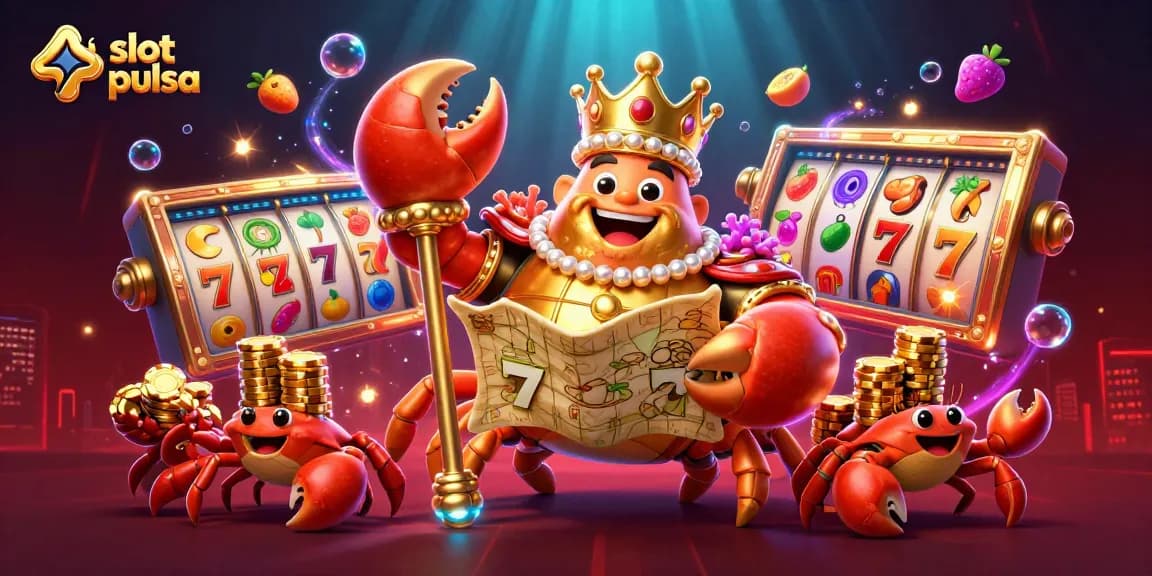 Spin slot pulsa reels with a golden crab emperor holding treasures amidst vibrant casino elements.