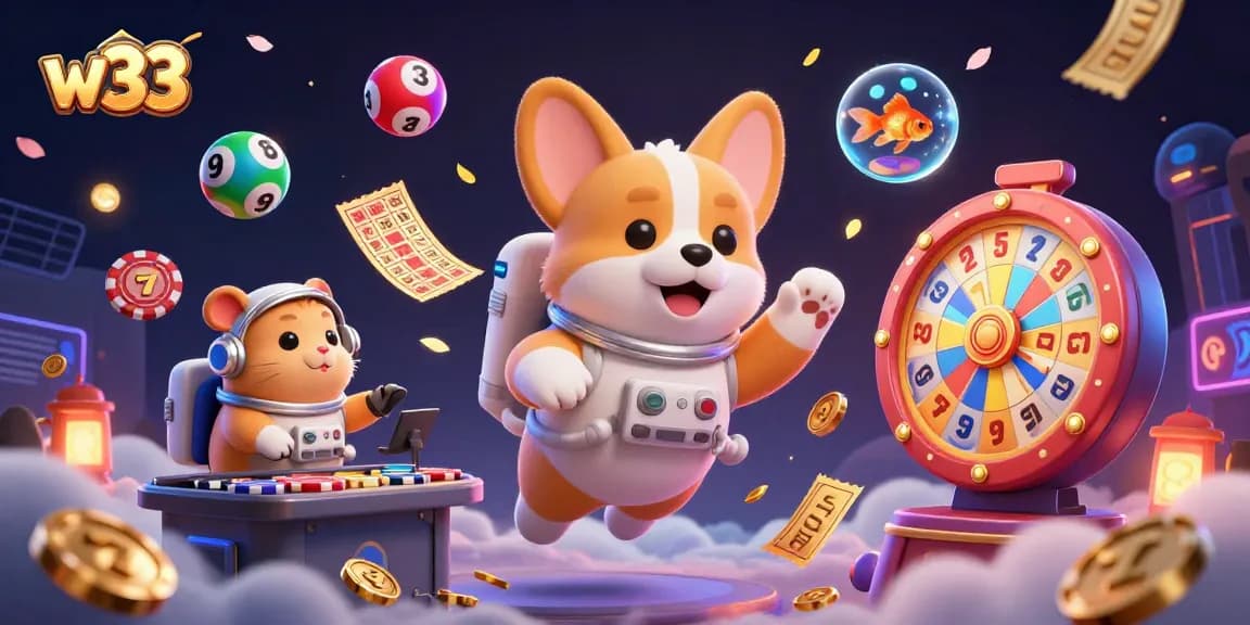 w33 slot games feature a 3D cartoon corgi floating in a casino, surrounded by dynamic winnings.