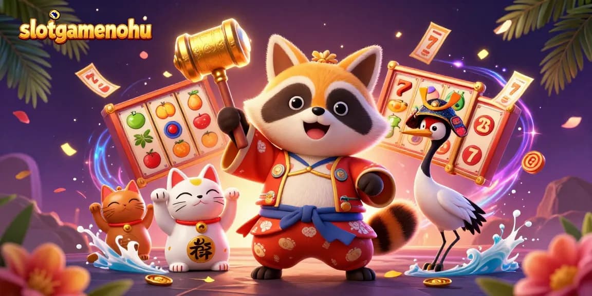 Experience thrilling jackpots with slotgamenohu's dynamic 3D illustration featuring engaging characters and elements from casino gaming.