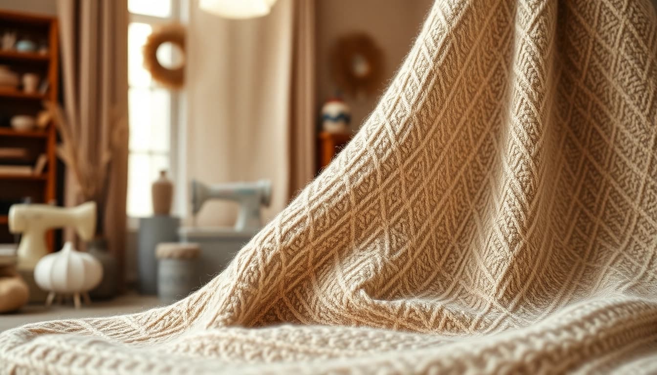 Explore the unique texture of boucle stof fabric in a beautifully crafted textile setting.