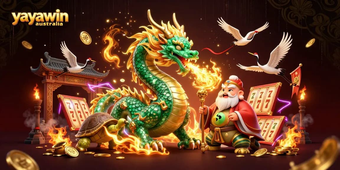 Experience thrilling gameplay at yayawin australia with a dragon, cranes, and casino symbols in an energetic scene.