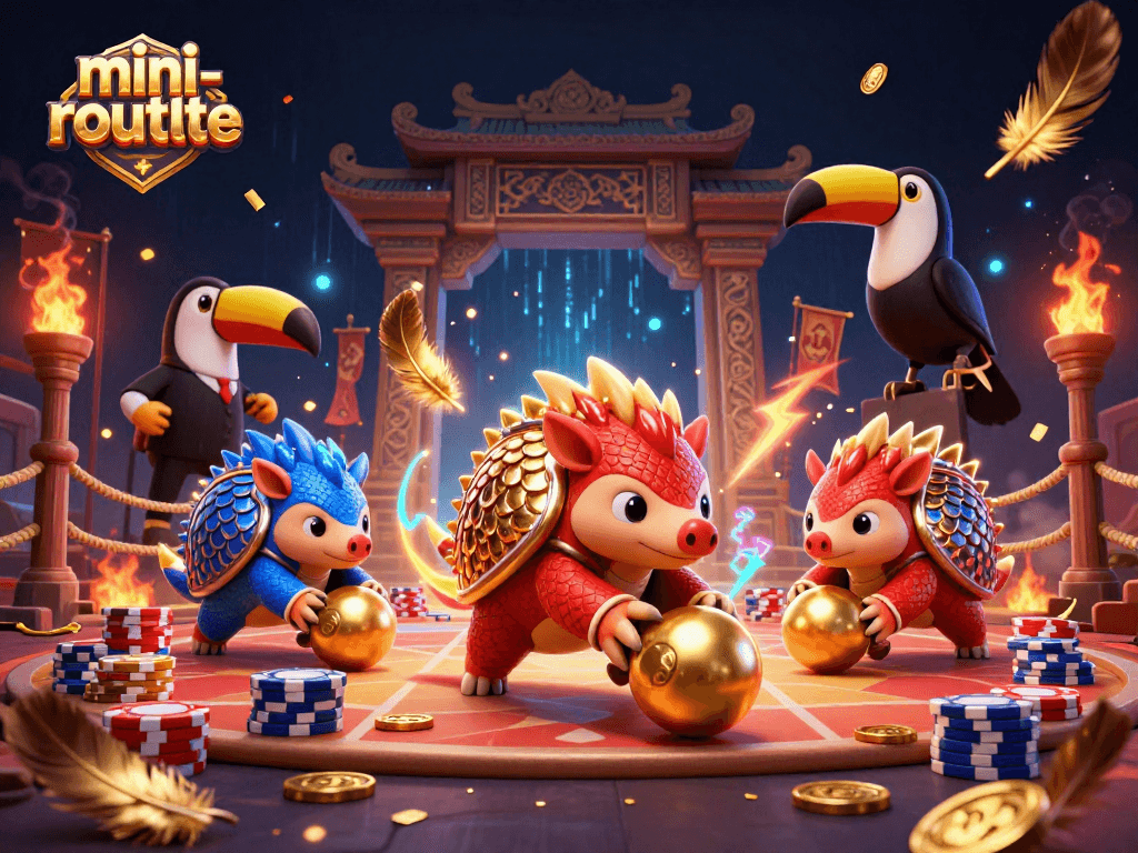 Engage with mini-roulette while colorful pangolins compete and vibrant casino elements enhance the game experience.