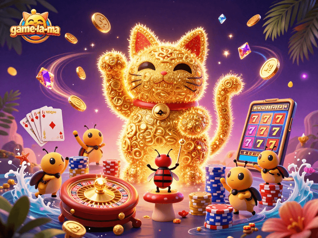 Experience game-la-ma with a stunning 3D illustration showcasing a lucky cat and casino elements.