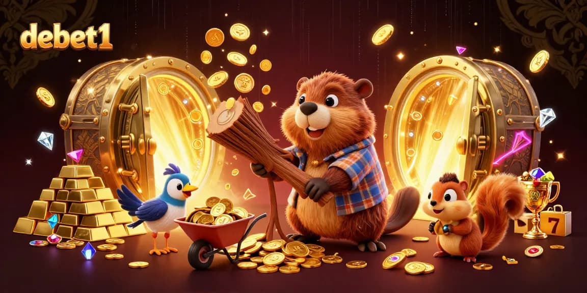 Spin and win with debet1 in a dynamic casino scene with cartoon characters and gold coins.