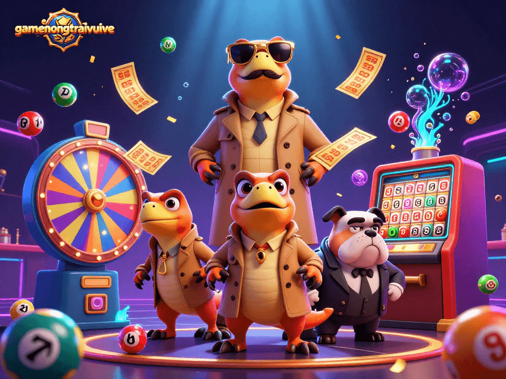 Play the thrilling gamenongtraivuive lottery with vibrant colors and dynamic elements in a casino scene.