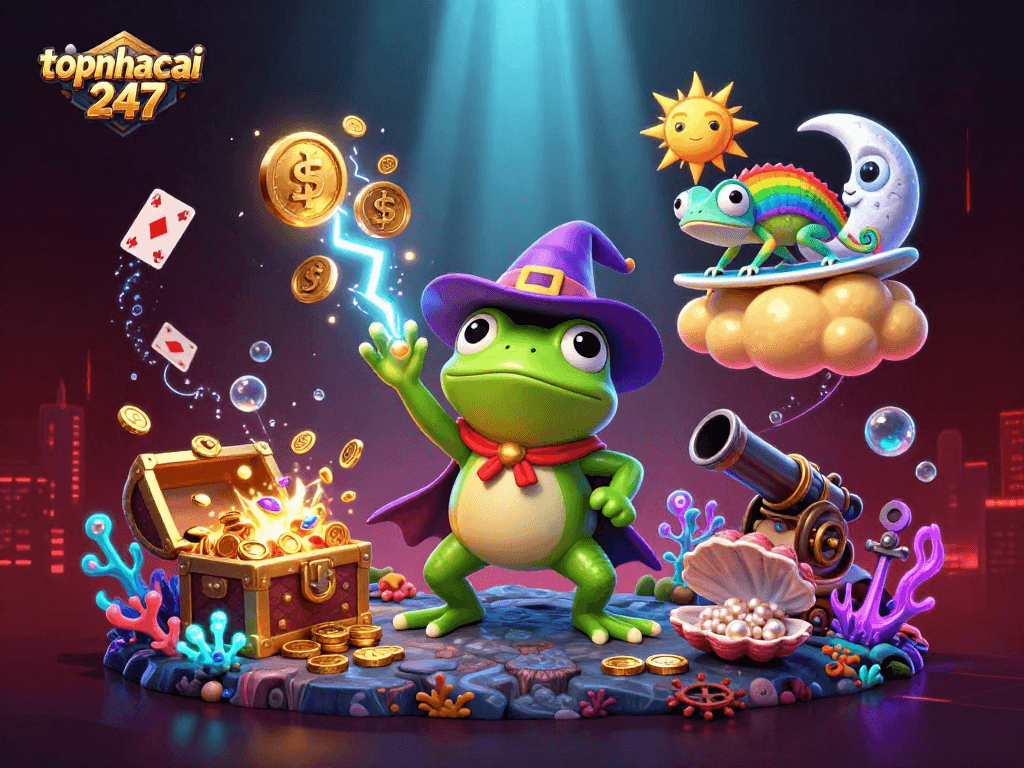 Engage with exciting gameplay at topnhacai247, featuring golden coins and dynamic characters in a vibrant casino scene.