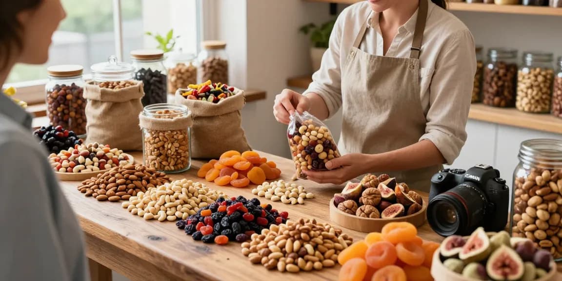 Fresh, natural nuts and dried fruits displayed prominently at the store, featuring M98 สล็อตเว็บตรงไม่ผ่านเอเย่นต์ selection, inviting atmosphere.