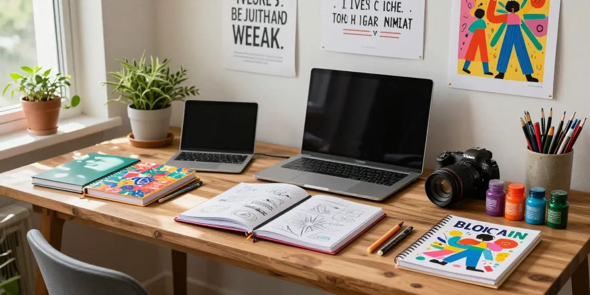 Artist brainstorming ideas in custom printed notebooks at a vibrant creative workspace.