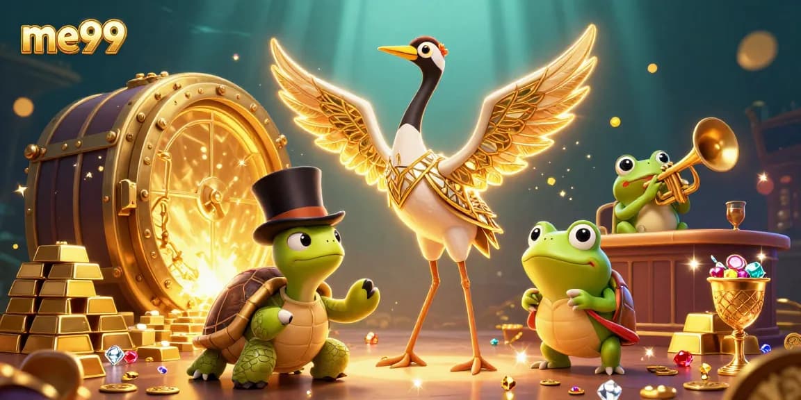 Win big at me99 with unique casino characters surrounded by treasure and vibrant elements.