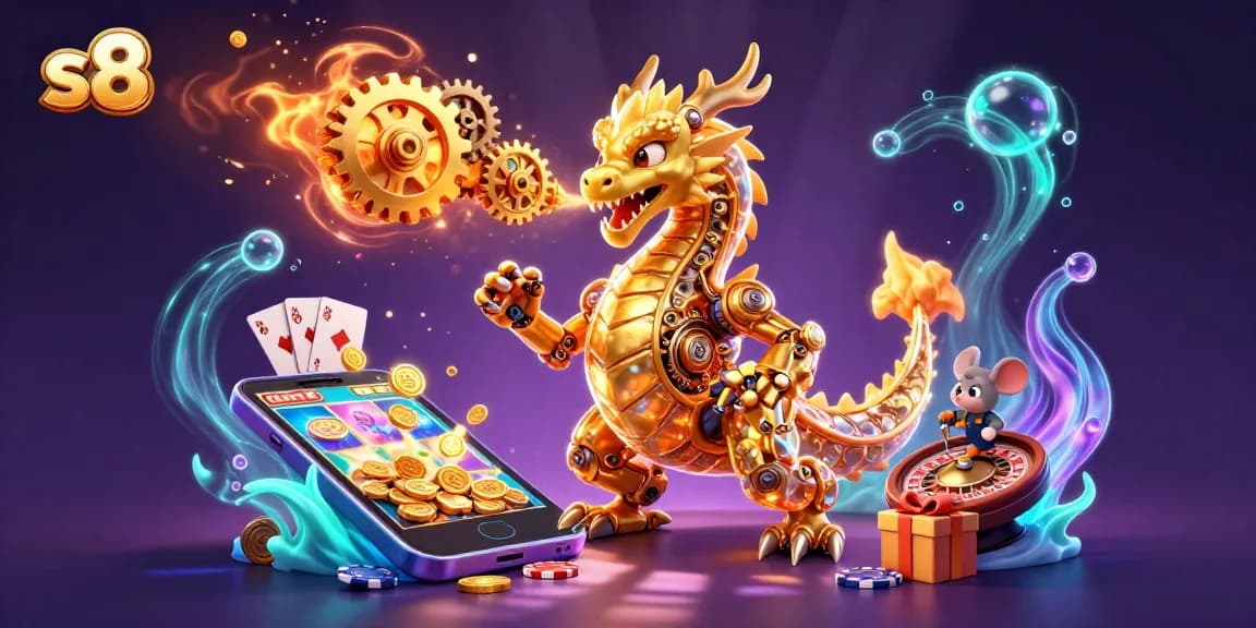 Experience the excitement of s8 with immersive game elements and a dynamic dragon illustration.