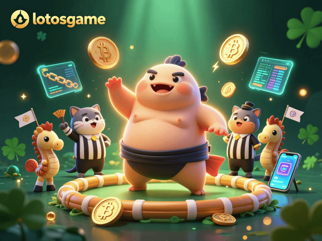 Engage with lotosgame in a vibrant underwater scene featuring a competitive fugu sumo with cryptocurrency elements.