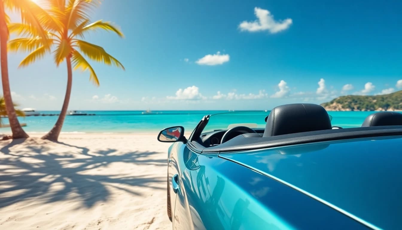 Rent a car st barth with a sleek convertible in front of a stunning beach.