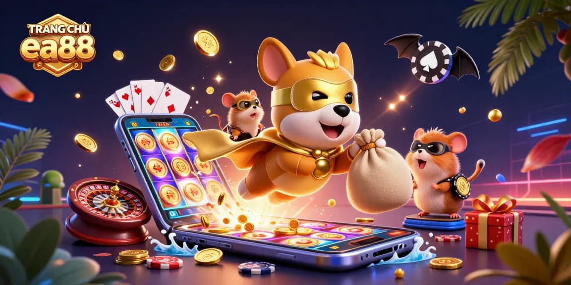 Engage with TRANG CHỦ ea88 as a superhero dog flies with gold coins in a vibrant casino scene.