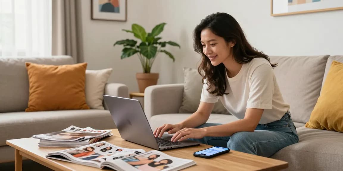 Customer browsing slot products online in a cozy living room.