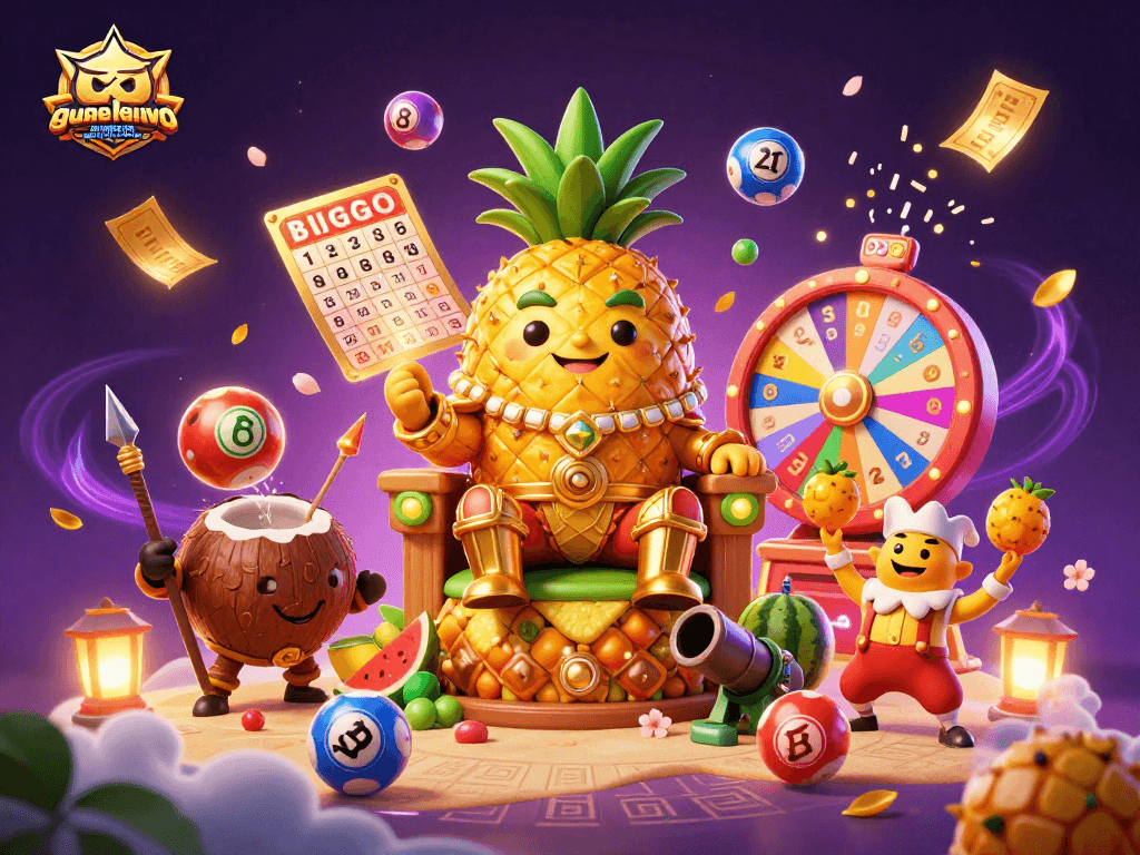 Try your luck with gamenohudoithuong, featuring an exciting casino scene of a pineapple king and vibrant jackpot elements.