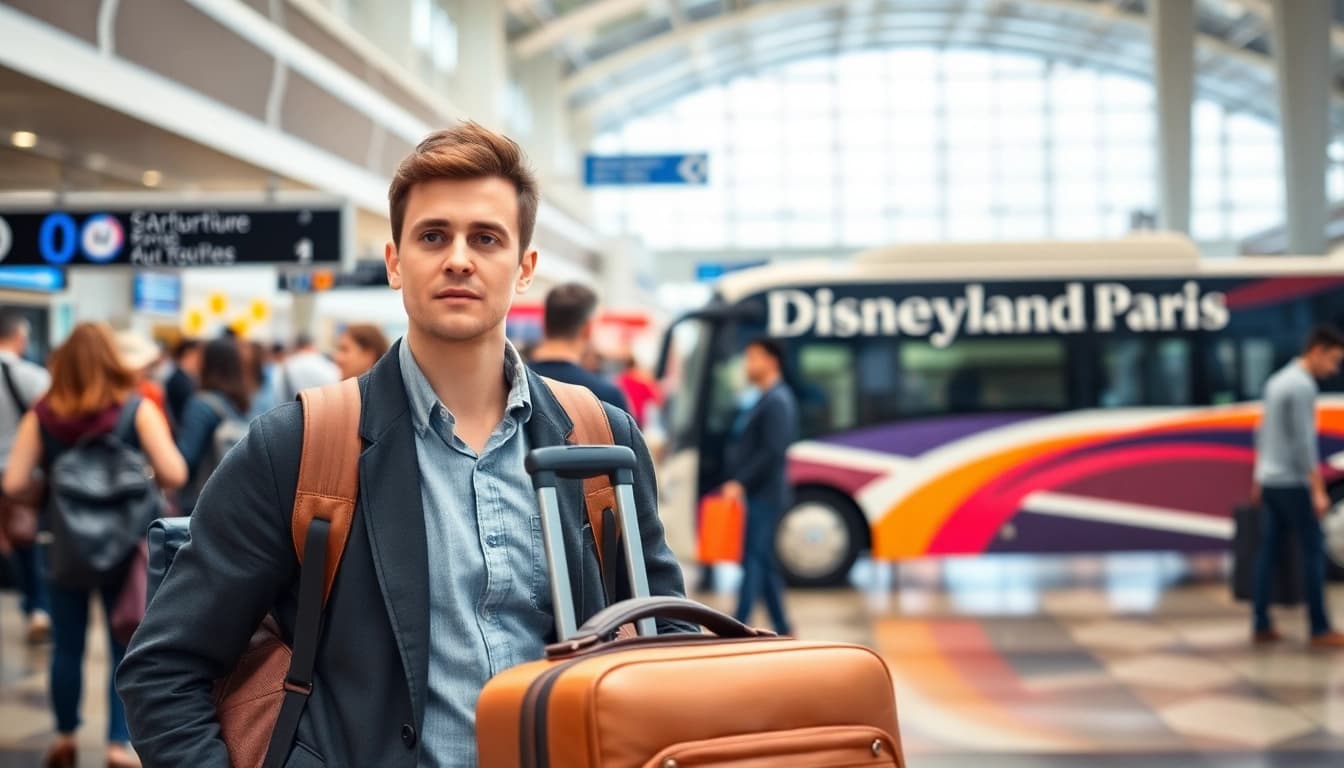 Traveling to Disneyland Paris to airport in a vibrant airport shuttle setting.