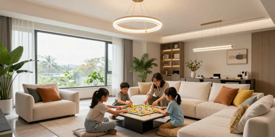 Lustra LED modernă suspendată în living, familie jucând jocuri de masă, atmosferă primitoare.