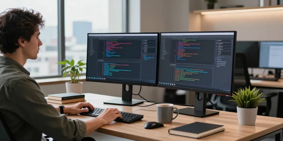 Engaged software developer at modern workspace using bdtjl tools with screens and coding books.