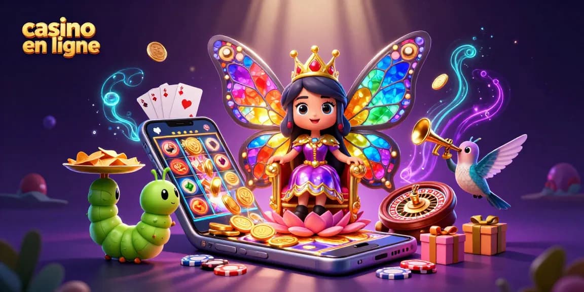 Jouez sur un casino en ligne avec la reine papillon entourée de trônes de fleurs et d'éléments de jeu.