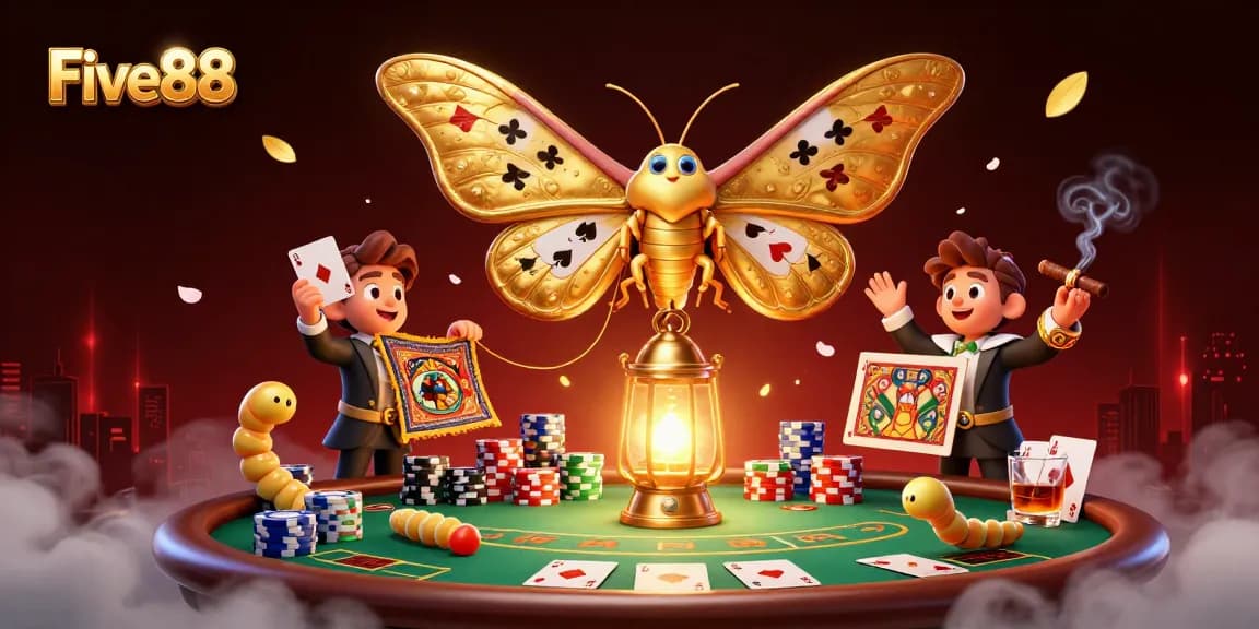 Experience Five88's thrilling casino excitement with a vibrant 3D illustration featuring poker action.