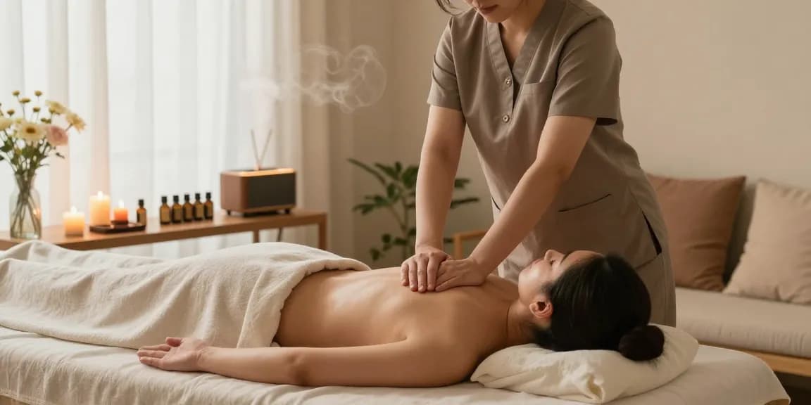 부천출장안마 in a soothing home massage therapy setting with candles and essential oils.