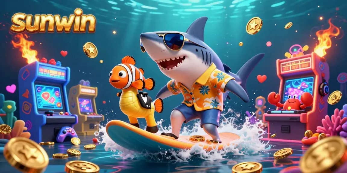Experience sunwin's exciting games with a lively underwater scene of a shark and friends amid treasures.