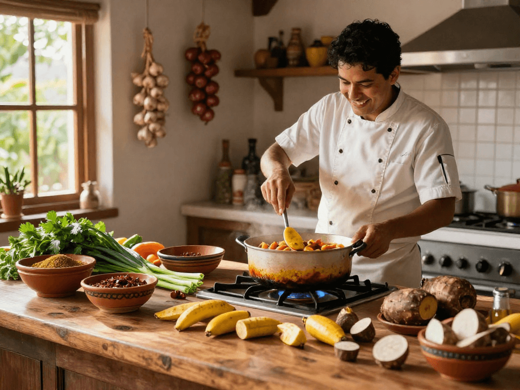 Delicious sancocho colombiano cooking in a warm kitchen, showcasing fresh ingredients and vibrant herbs for the best sancocho colombiano near me.