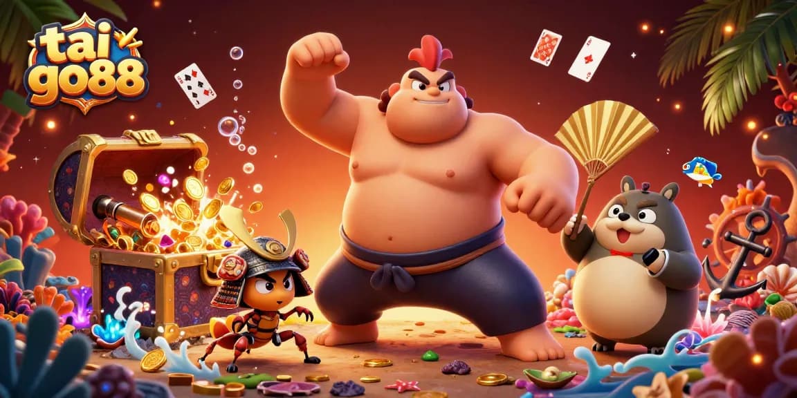Engage with tai go88 as a sumo wrestler rooster and cricket fight in a vibrant casino scene.