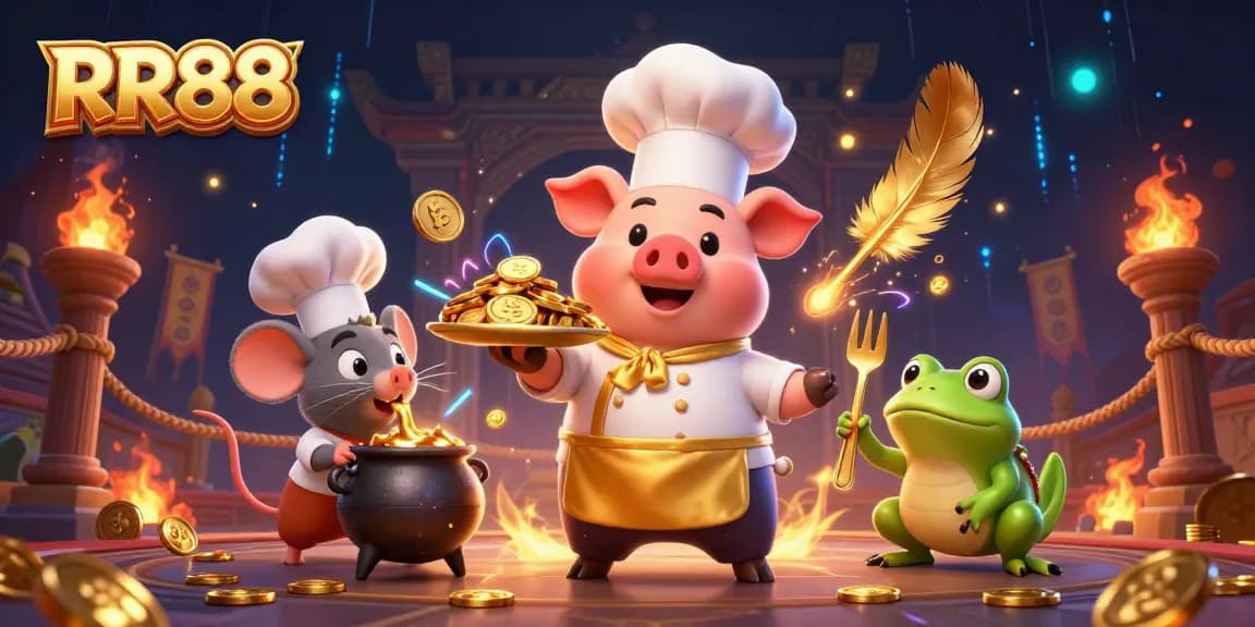 RR88 features a pig chef serving gold coins in a vibrant casino scene, enhancing player excitement.