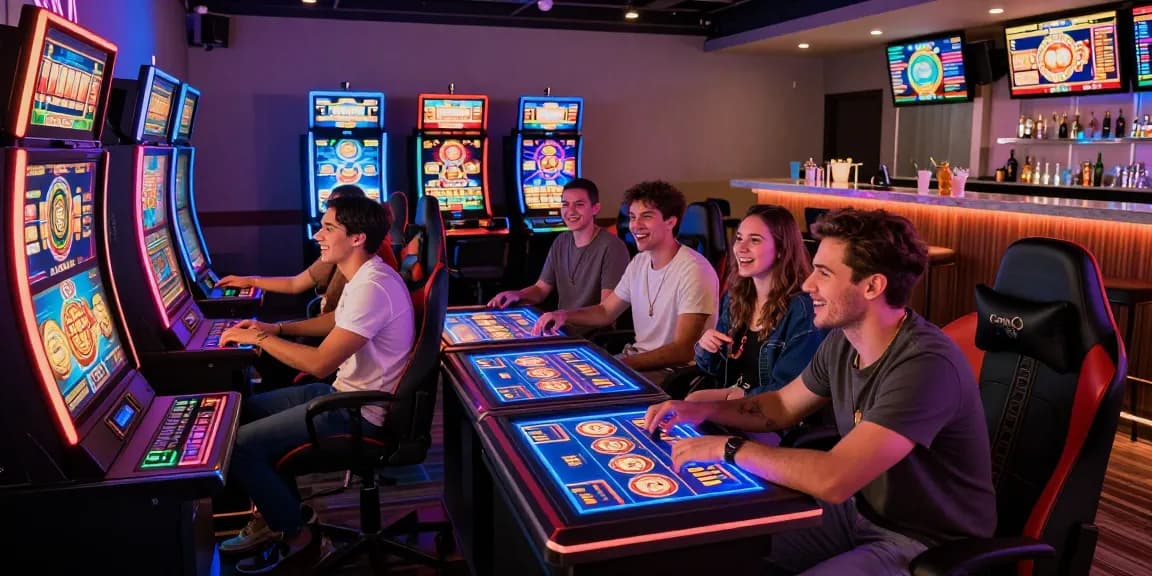 Exciting crypto casino gaming scene with friends engaging in digital slots and crypto betting options