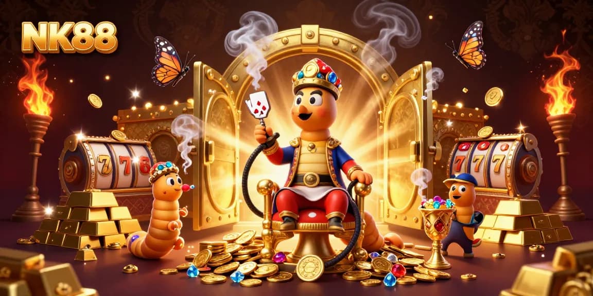 Experience thrilling gameplay with NK88's vibrant casino atmosphere featuring rich golds, slots, and jewels.