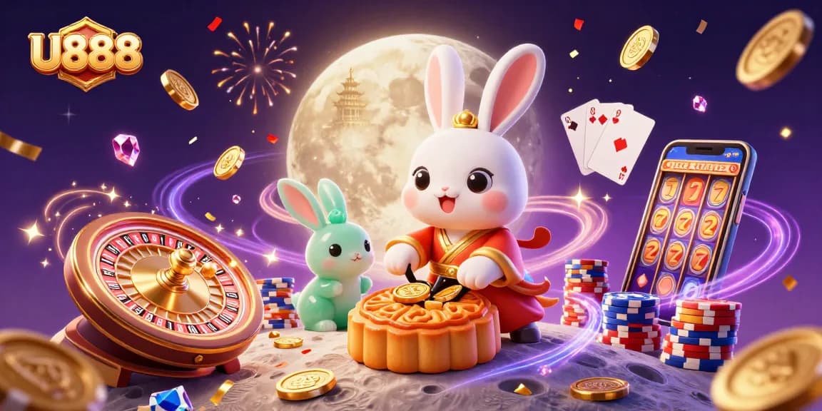 U888 showcases the moon rabbit amidst celebratory casino elements and stunning visuals for an immersive gaming experience.