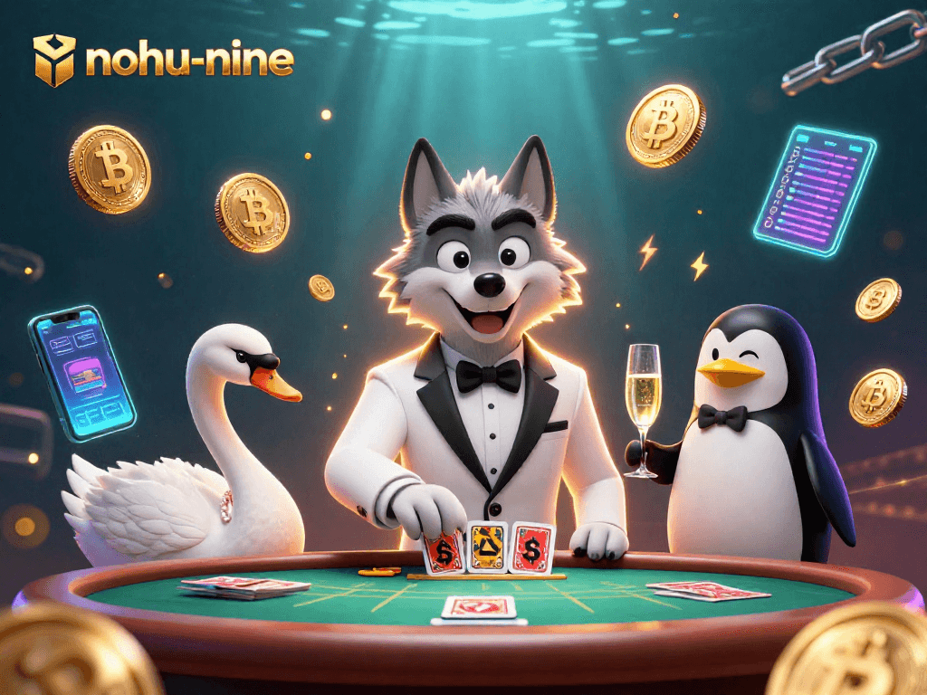 Experience the thrilling gameplay of nohu-nine with a lively casino scene featuring a debonair wolf and elegantly dressed characters.