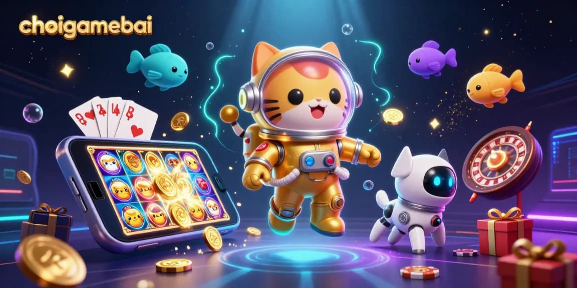Experience thrilling fun with choigamebai as the astronaut cat and robot dog encounter vibrant gambling action.