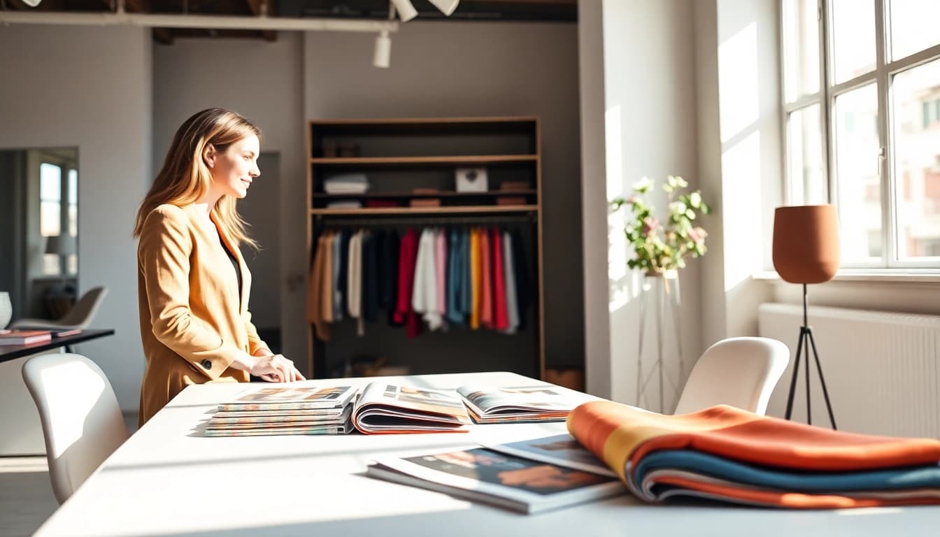 Offrire consulenza d'immagine Milano in un elegante studio di moda con colori vivaci.