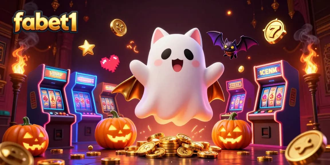 Engage with fabet1 in a haunted casino with a friendly ghost cat and vampire bat amidst slot machines.