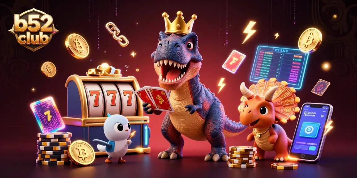 Engage in thrilling gaming with b52 club featuring a T-Rex shuffling cards and winning chips!