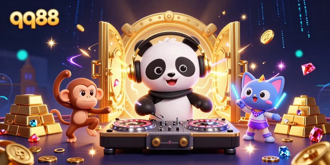 Experience the vibrant world of qq88 casino with colorful DJ panda and dancing characters.