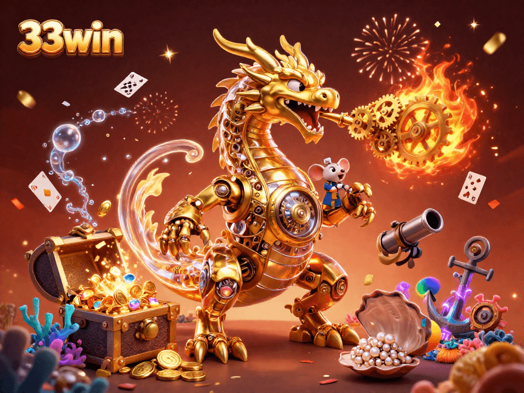 Engage with 33win's vibrant 3D casino scene featuring a golden dragon and money-making treasures.