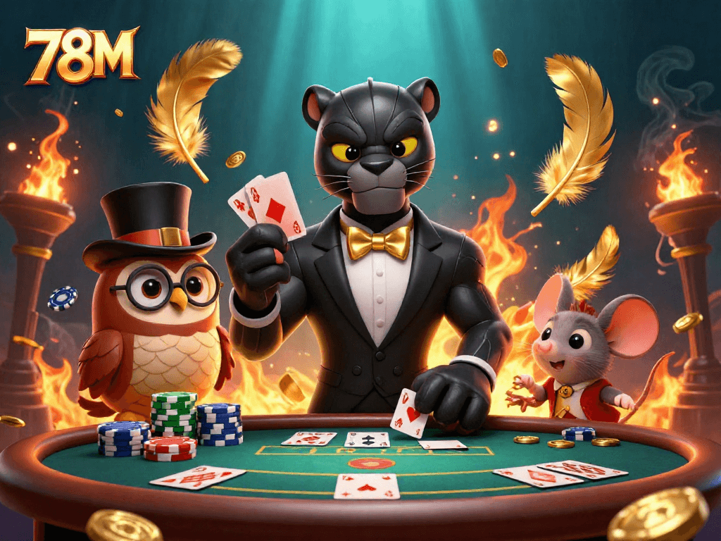 Os jogadores do 78M se divertindo em uma mesa de pôquer com fichas e cartas.